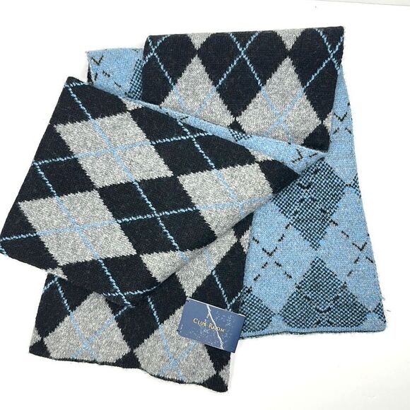 NWT Club Room Wool Blend Blue Gray Argyle Long Chunky Scarf Men’s Women’s - Picture 2 of 11